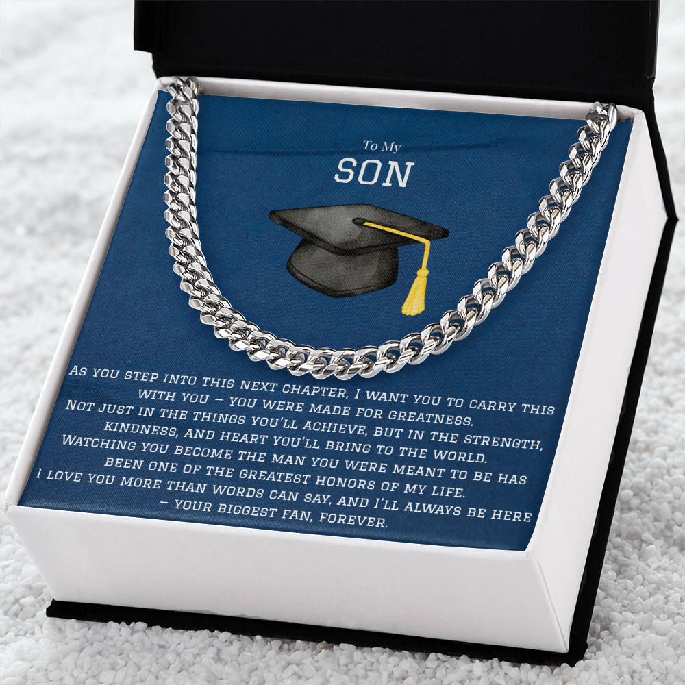 To My Son, Love Your Biggest Fan Silver Chainlink Necklace for Graduation. Message Card reads: To My Son: As you step into this next chapter, I want you to carry this with you - you were made for greatness. Not just in the things you'll achieve, but in the strength, kindness, and heart you'll bring to the world. Watching you become the man you were meant to be has been one of the greatest honors of my life. I love you more than words can say, and I'll always be here - your biggest fan forever.