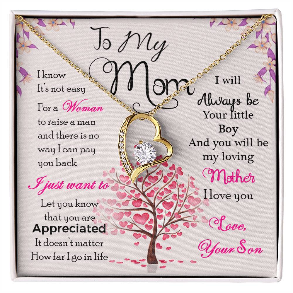 Gold Heart Necklace with Cubic Zirconia in Center and small stones on one side of the heart. Standard Box. Message card behind it shows a tree with hearts as leaves. Card reads: To My Mom: I know it's not easy for a woman to raise a man and there is no way I can pay you back. I just want you to know that you are appreciated. It doesn't matter how far I go in life I will always be your little boy and you will always be my loving mother. I love you. Love, your son. - Givethegifts.com