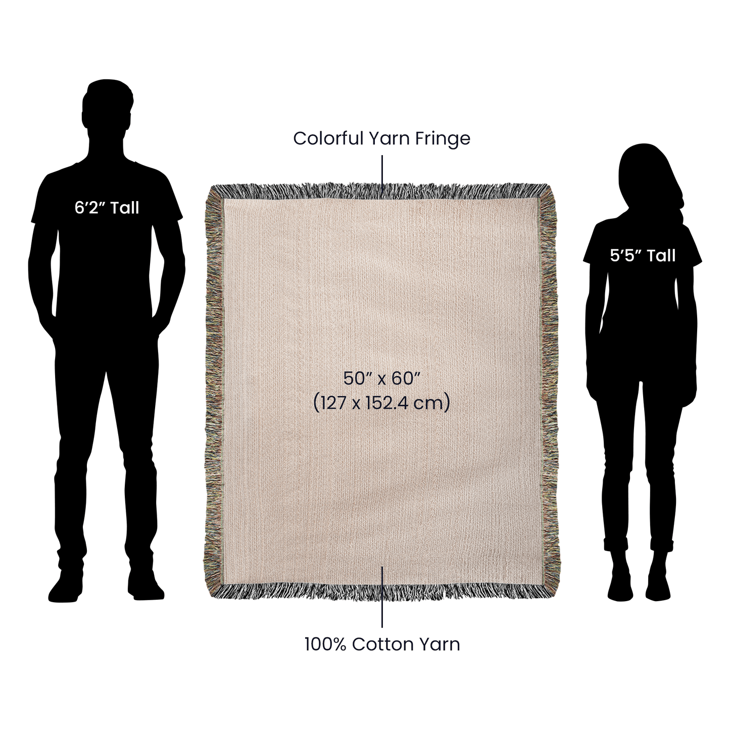 Size reference to show that the blanket will come up to mid chest on a 6'2 man and mi- face on a 5'5 woman.