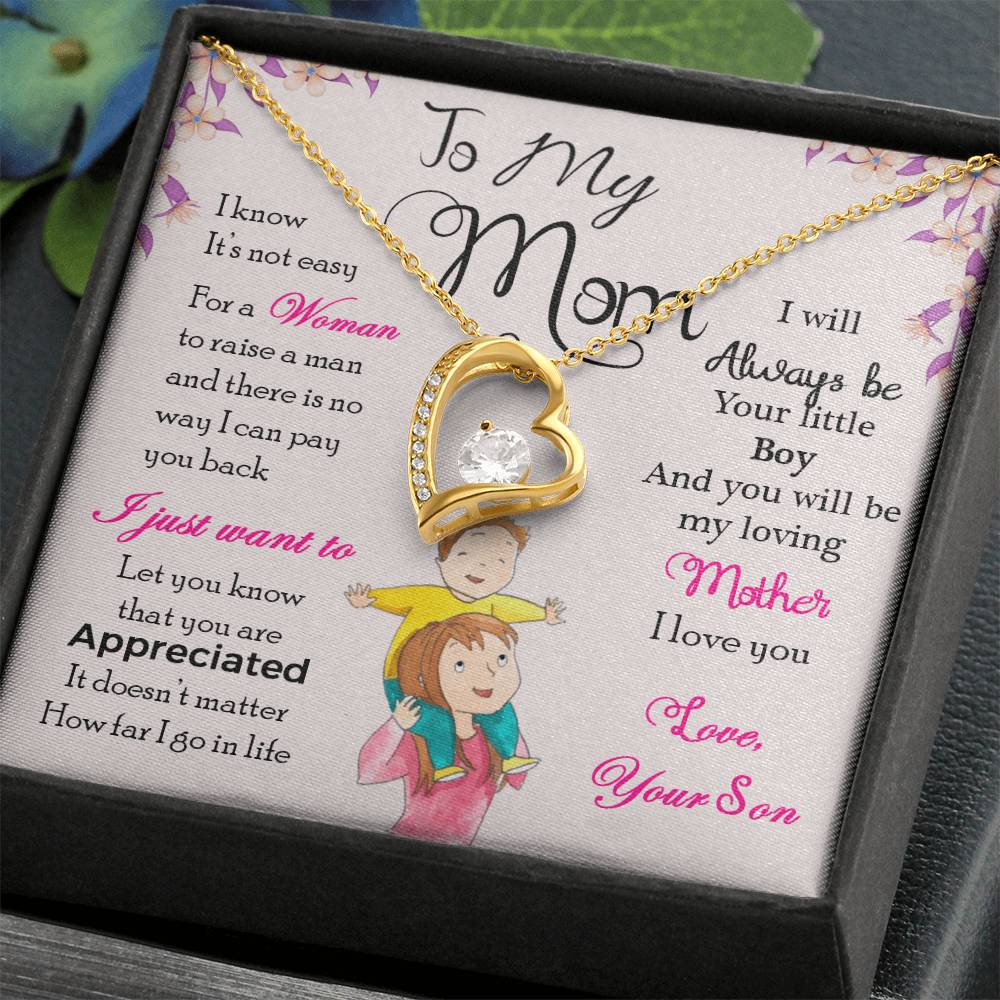 Gold Heart Necklace with Cubic Zirconia in Center and small stones on one side of the heart. Black Gift Box. Message card behind it shows a mom with a little boy on her shoulders. Card reads: To My Mom: I know it's not easy for a woman to raise a man and there is no way I can pay you back. I just want you to know that you are appreciated. It doesn't matter how far I go in life I will always be your little boy and you will always be my loving mother. I love you. Love, your son. - Givethegifts.com