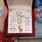 Gold Heart Necklace with Cubic Zirconia in Center and small stones on one side of the heart. In Luxury Box. Message card behind it shows a mom with a little boy on her shoulders. Card reads: To My Mom: I know it's not easy for a woman to raise a man and there is no way I can pay you back. I just want you to know that you are appreciated. It doesn't matter how far I go in life I will always be your little boy and you will always be my loving mother. I love you. Love, your son. - Givethegifts.com