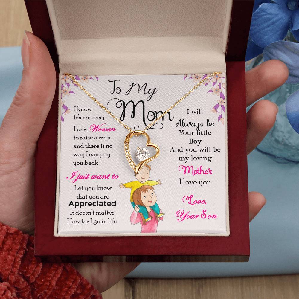 Gold Heart Necklace with Cubic Zirconia in Center and small stones on one side of the heart. In Luxury Box. Message card behind it shows a mom with a little boy on her shoulders. Card reads: To My Mom: I know it's not easy for a woman to raise a man and there is no way I can pay you back. I just want you to know that you are appreciated. It doesn't matter how far I go in life I will always be your little boy and you will always be my loving mother. I love you. Love, your son. - Givethegifts.com