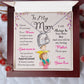 White Gold Heart Necklace with Cubic Zirconia in Center and small stones on one side of the heart. Black Gift Box. Message card behind it shows a mom with a little boy on her shoulders. Card reads: To My Mom: I know it's not easy for a woman to raise a man and there is no way I can pay you back. I just want you to know that you are appreciated. It doesn't matter how far I go in life I will always be your little boy and you will always be my loving mother. I love you. Love, your son. - Givethegifts.com