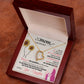 To my mom Gold Heart necklace with cubic zirconia in center: message on Card behind : To my mom: I am because you are. So much of me is made from what I learned with you. It doesn't matter how far I go in life, I will always be your little girl and you will always be my loving mother. Thank you for the sacrafice you make everyday. I love you with all my heart. To the world you may just be a mother, but to me you are the world. Love Your Daughter - givethegifts.com
