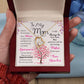 Gold Heart Necklace with Cubic Zirconia in Center and small stones on one side of the heart. In Luxury Box. Message card behind it shows a tree with hearts as leaves. Card reads: To My Mom: I know it's not easy for a woman to raise a man and there is no way I can pay you back. I just want you to know that you are appreciated. It doesn't matter how far I go in life I will always be your little boy and you will always be my loving mother. I love you. Love, your son. - Givethegifts.com