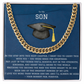 To My Son, Love Your Biggest Fan Gold Chainlink Necklace for Graduation. Message Card reads: To My Son: As you step into this next chapter, I want you to carry this with you - you were made for greatness. Not just in the things you'll achieve, but in the strength, kindness, and heart you'll bring to the world. Watching you become the man you were meant to be has been one of the greatest honors of my life. I love you more than words can say, and I'll always be here - your biggest fan forever. 