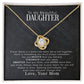 Yellow Gold Love Knot Necklace with large CZ at center, surrounded by smaller crystals. Standard Gift Box. Message reads: To My Beautiful Daughter: If ever there is a tomorrow when we are not together... There is something you must always remember. You are BRAVER than you believe, STRONGER than you seem, SMARTER than you think, and LOVED more than you know. Always keep me in your heart, for you are always in mine. Nothing and nobody, not even time will ever change that. Love, Your Mom
