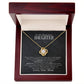 Yellow Gold Love Knot Necklace with large CZ at center, surrounded by smaller crystals. Luxury Gift Box. Message reads: To My Beautiful Daughter: If ever there is a tomorrow when we are not together... There is something you must always remember. You are BRAVER than you believe, STRONGER than you seem, SMARTER than you think, and LOVED more than you know. Always keep me in your heart, for you are always in mine. Nothing and nobody, not even time will ever change that. Love, Your Mom