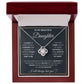White Gold Love Knot Necklace featuring a large center CZ, surrounded by smaller crystals. Shown in the Luxury Gift Box. Message reads: To My Beautiful Daughter: I closed my eyes for a moment and suddenly a woman stood where a girl used to be. I may not be able to carry you in my arms anymore but I will always carry you in my heart. You have given me so many reasons to be proud  of the woman you have become, but the proudest moment for me is telling others that you are my daughter. I will always love you. 