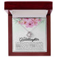 White Gold Love Knot Necklace with large CZ crystal at center and surrounding smaller crystals. Shown in Luxury Gift Box. Message reads: To My Granddaughter: If ever there is tomorrow when we're not together... there is something you must always remember. You are BRAVER than you believe, STRONGER than you seem, SMARTER than you think, and LOVED more than you know. Always keep me in your heart, for you are always in mine. Nothing and nobody, not even time, will change that.