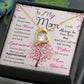 Gold Heart Necklace with Cubic Zirconia in Center and small stones on one side of the heart. Standard Box. Message card behind it shows a tree with hearts as leaves. Card reads: To My Mom: I know it's not easy for a woman to raise a man and there is no way I can pay you back. I just want you to know that you are appreciated. It doesn't matter how far I go in life I will always be your little boy and you will always be my loving mother. I love you. Love, your son. - Givethegifts.com