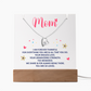 Clear Acrylic Plaque with the saying Mom - I am forever thankful for everything you are and all that you do. Your endless love. Your unwavering strength. the memories we share and for always being there. You are so loved. (Corded base.) There are two notches in the top of the plaque where the forever heart necklace is placed. White gold plated heart, with a large single cubic zurconia in the center and several smaller stones on one side.