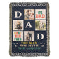 Heirloom Woven Blanket, colorful fringe at the sides, navy blue background, with a checker print. Dad horizontal. #1 Dad/ Best Dad Ever/ Picture of Dad and Baby / Dad and Son Fishing/ Dad and Son Outdoors/ Dad with son riding bike / The Man The Myth The Legend at Bottom of Blanket