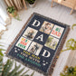 Heirloom Woven Blanket, colorful fringe at the sides, navy blue background, with a checker print. Dad horizontal. #1 Dad/ Best Dad Ever/ Picture of Dad and Baby / Dad and Son Fishing/ Dad and Son Outdoors/ Dad with son riding bike / The Man The Myth The Legend at Bottom of Blanket