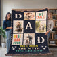 Women Holding The Largest Sized Blanket. Heirloom Woven Blanket, colorful fringe at the sides, navy blue background, with a checker print. Dad horizontal. #1 Dad/ Best Dad Ever/ Picture of Dad and Baby / Dad and Son Fishing/ Dad and Son Outdoors/ Dad with son riding bike / The Man The Myth The Legend at Bottom of Blanket
